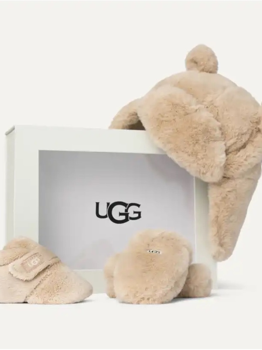 UGG Baby Tan Shearling Fur Bear Hat with Matching Bootie, and Mittens.